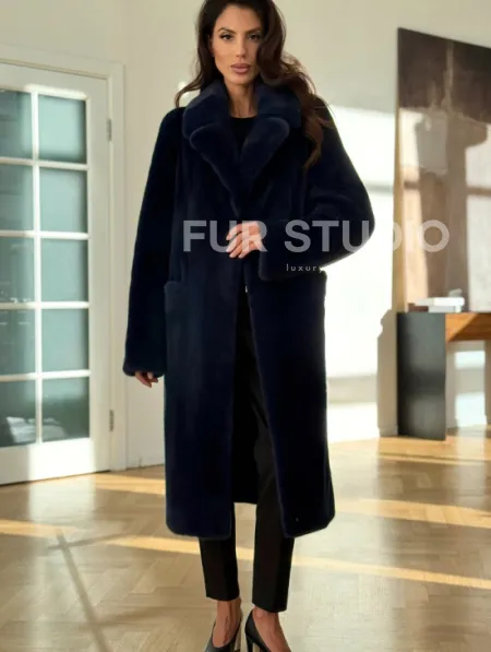 Норковая шуба темно-синего цвета - фото 2