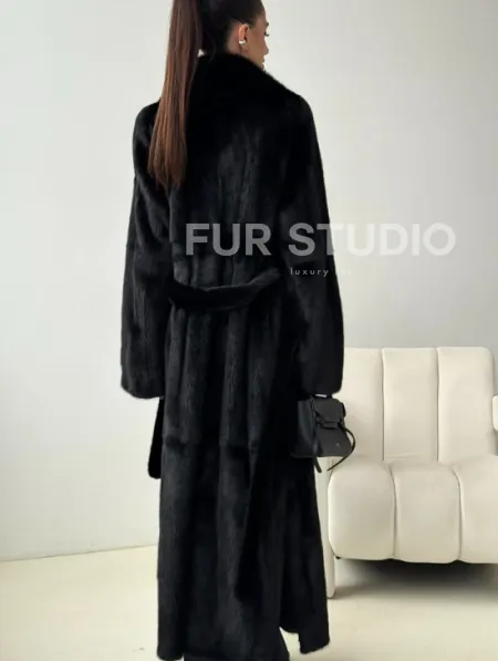 Черная норковая шуба с поясом - фото 4