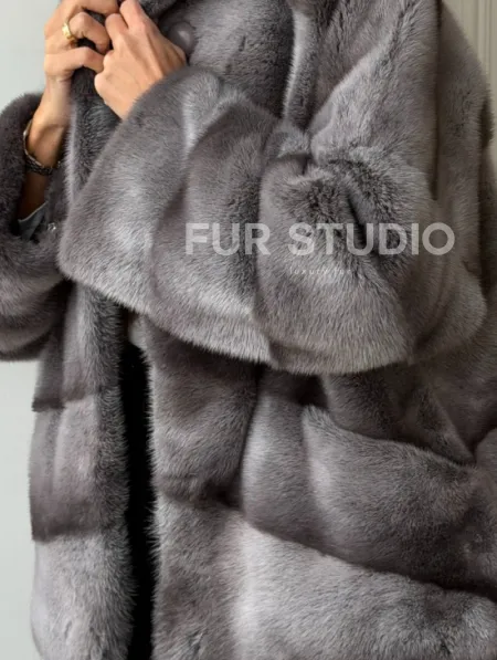 Норковый полушубок с капюшоном - цвет Platinum - фото 1
