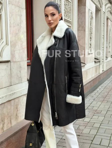 Дубленка авиатор длинная на белой овчине - фото 0