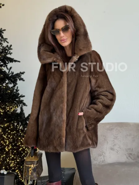 Норка автоледи с капюшоном, роспуск в цвете орех - фото 1
