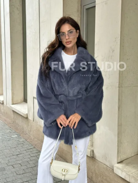 Шуба норковая летучая мышь - цвет джинс - фото 7