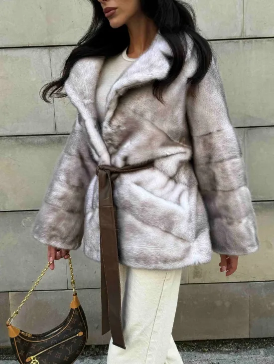 Укороченная шуба из меха норки модель кимоно - цвет колотый лед - фото 6