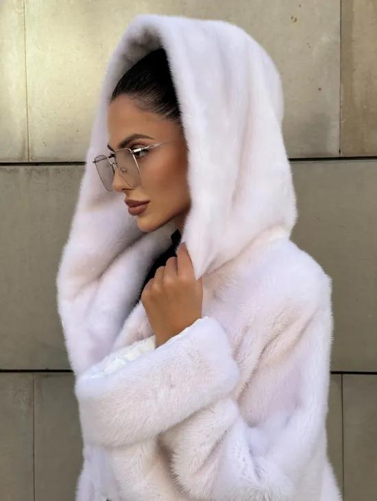 Шуба в диагональной выкладке меха норки White ice с капюшоном - фото 3