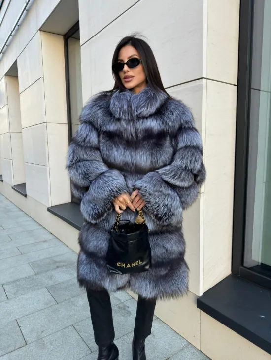 Шуба натуральная из чернобурки стойка воротник - фото 7