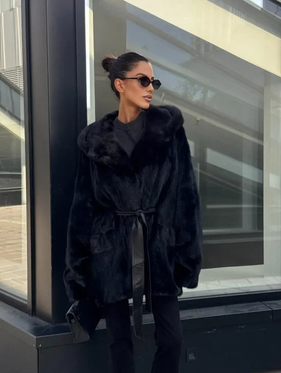 Шуба норковая натуральная с капюшоном кобра - накладные карманы - фото 9