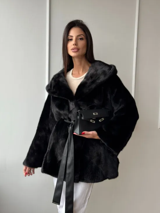 Летучая мышь шуба из меха норки Black с капюшоном - паркет - фото 8