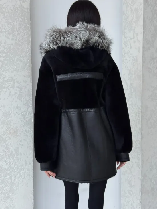 Дубленка женская из овчины на кулиске, капюшон - отделка из чернобурки - фото 1