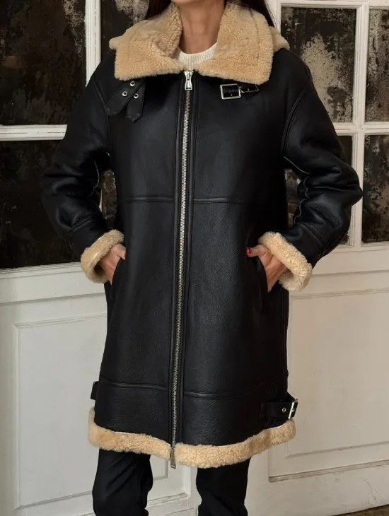Женская удлиненная дубленка авиатор с отстегивающимся капюшоном - фото 3
