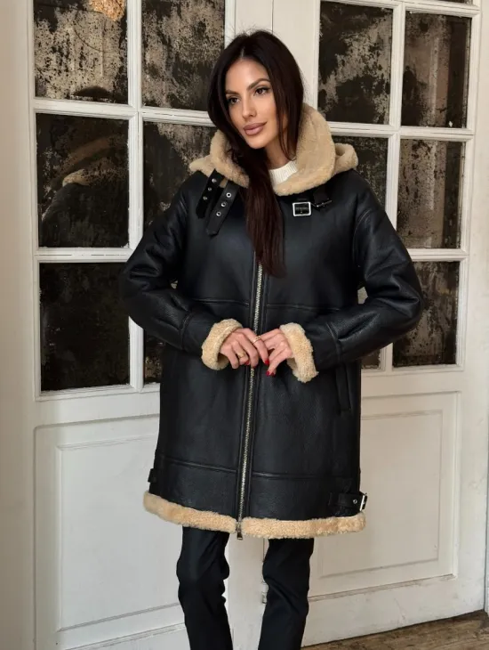 Женская удлиненная дубленка авиатор с отстегивающимся капюшоном - фото 8