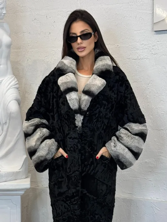 Шуба из меха афганского каракуля с отделкой из щипаной норки под шиншиллу - фото 6