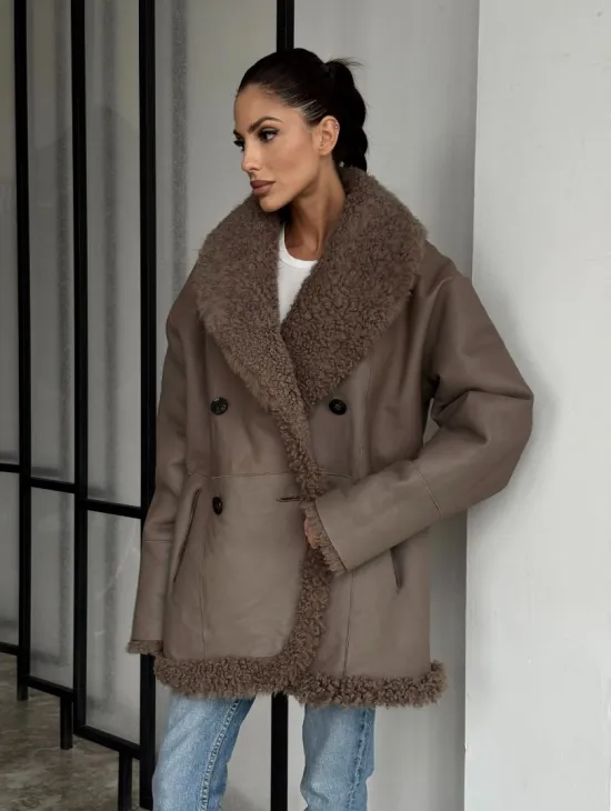 Женская двусторонняя дубленка из натуральной кожи - воротник шаль - фото 11