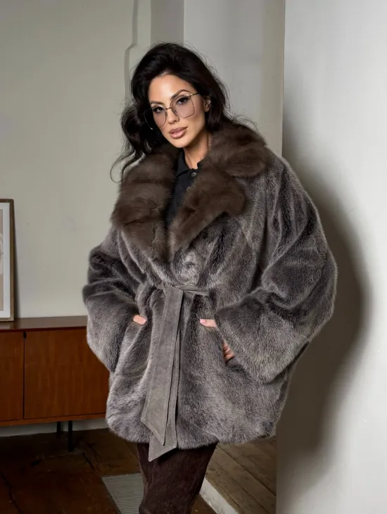 Женский норковый полушубок с воротником из куницы, фасон - летучая мышь - фото 11