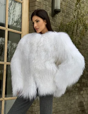 Шуба белая из меха ламы без воротника - фото 7