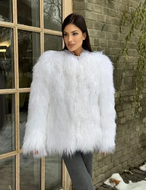 Шуба белая из меха ламы без воротника - фото 6