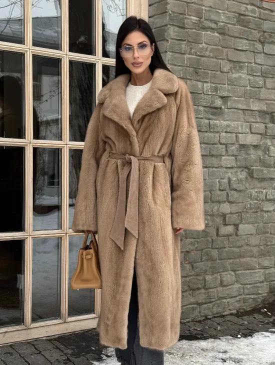 Удлиненная стильная шуба кимоно из скандинавской норки английский воротник - фото 0