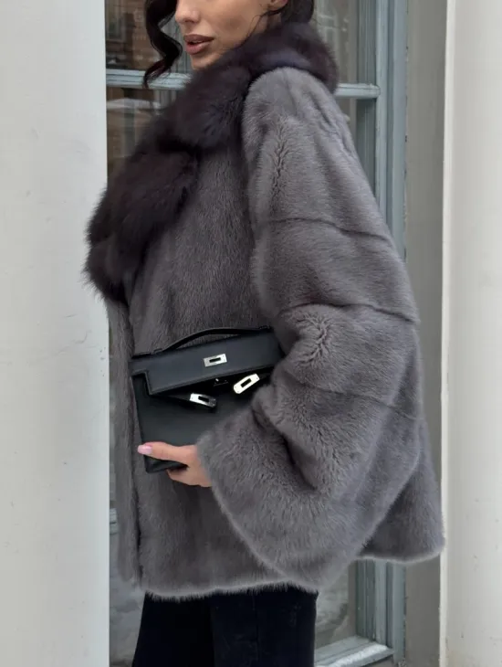 Автоледи шуба норковая с воротником из меха куницы - серый графит - фото 5