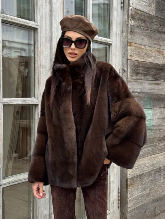 Норковый полушубок из меха аукционной норки, стойка воротник - фото 9