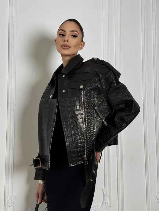 Укороченная куртка из натуральной кожи «CROCO» BLACK со шнуровкой на спине - фото 9