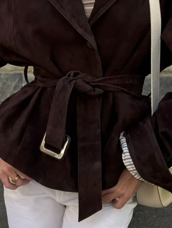 Жакет - куртка из замшевой кожи LUX с поясом - фото 1