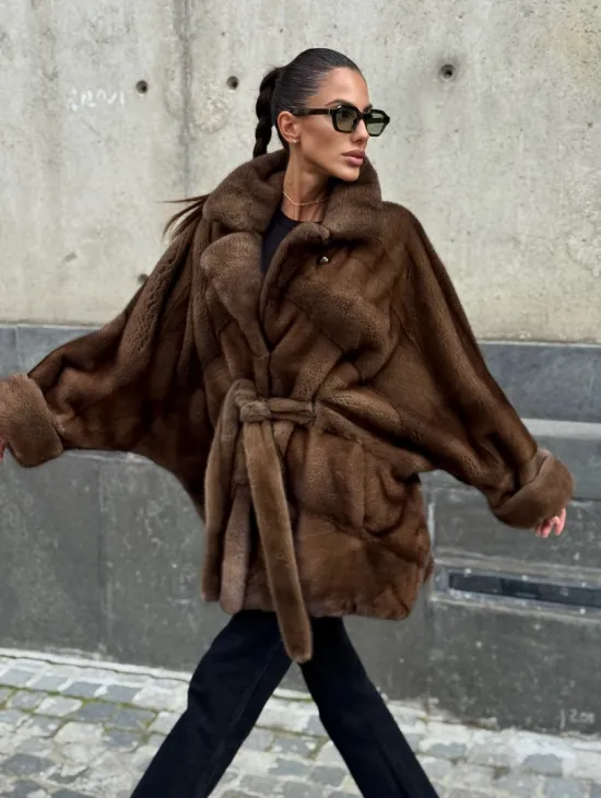 Шуба летучка из премиум меха норки - цвет соболь - фото 6