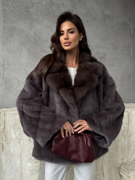 Норковый полушубок с воротником куница - фото 9