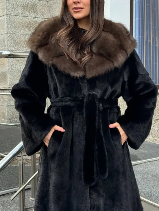 Черная норковая шуба с капюшоном куница - фото 2