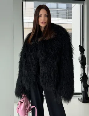 Полушубок черный из ламы - фото 5