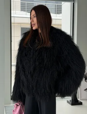 Полушубок черный из ламы - фото 7