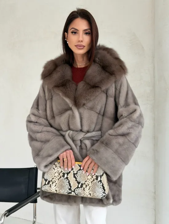 Серый норковый полушубок - капюшон куница - фото 0