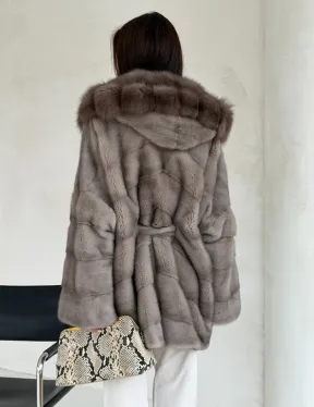Серый норковый полушубок - капюшон куница - фото 7