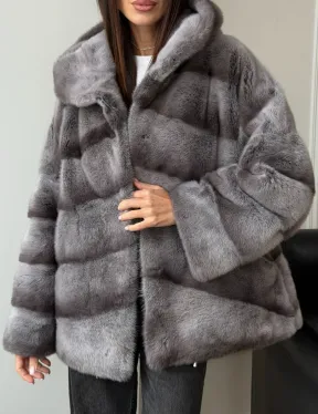 Норковый полушубок с капюшоном - цвет Platinum - фото 5