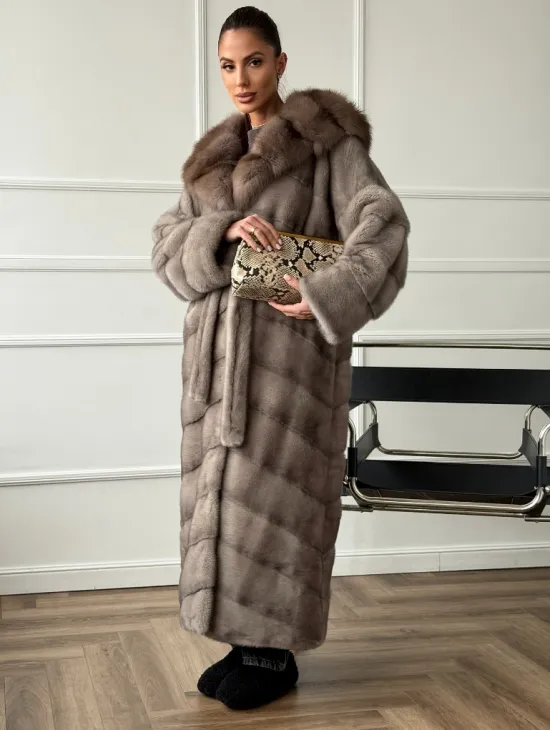 Шуба-кимоно норка в пол с капюшоном куница - фото 3