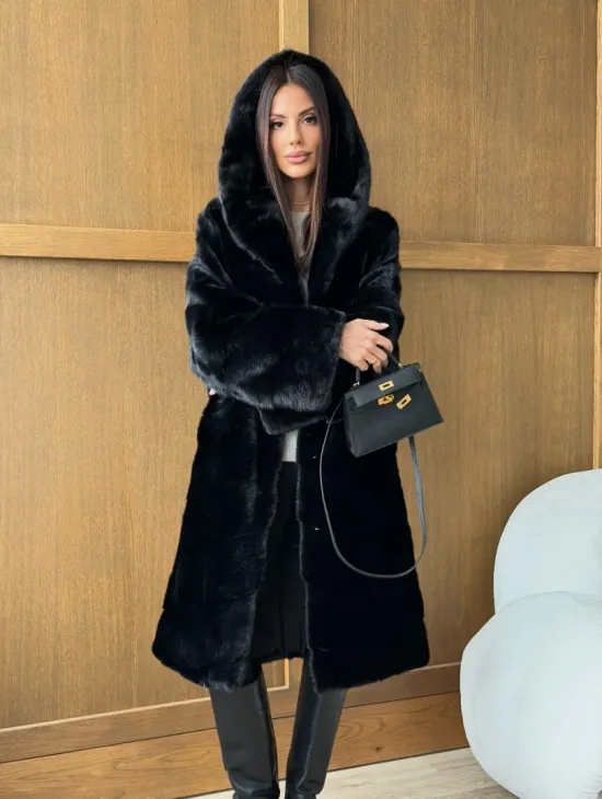 Черная норковая шуба с капюшоном - фото 11