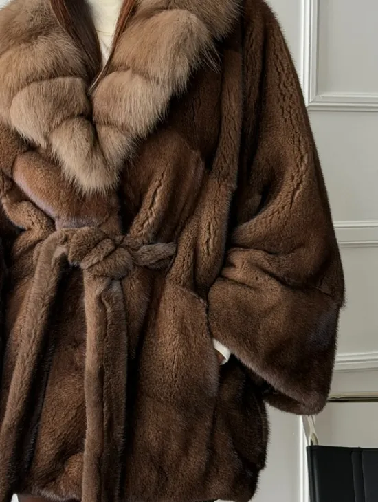 Полушубок автоледи норковый - воротник куница - фото 1