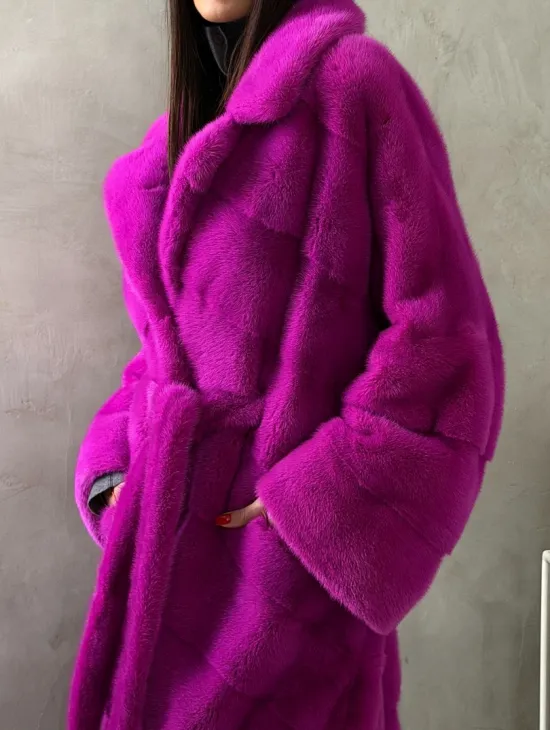 Длинная норковая шуба - цвет фуксия - фото 1