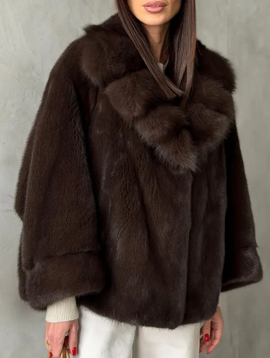 Короткий норковый жакет с воротником из куницы - фото 2