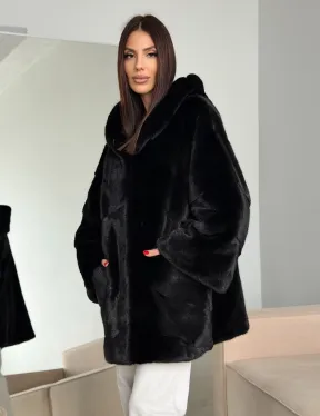 Норка шуба BLACKGLAMA паркет кимоно с капюшоном - фото 13