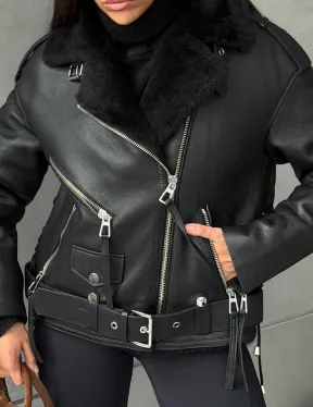 Черная короткая дубленка авиатор - фото 1