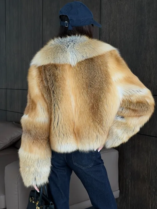 Полушубок-кроп с большим шалевым воротником из меха лисы Golden Sunrise - фото 3