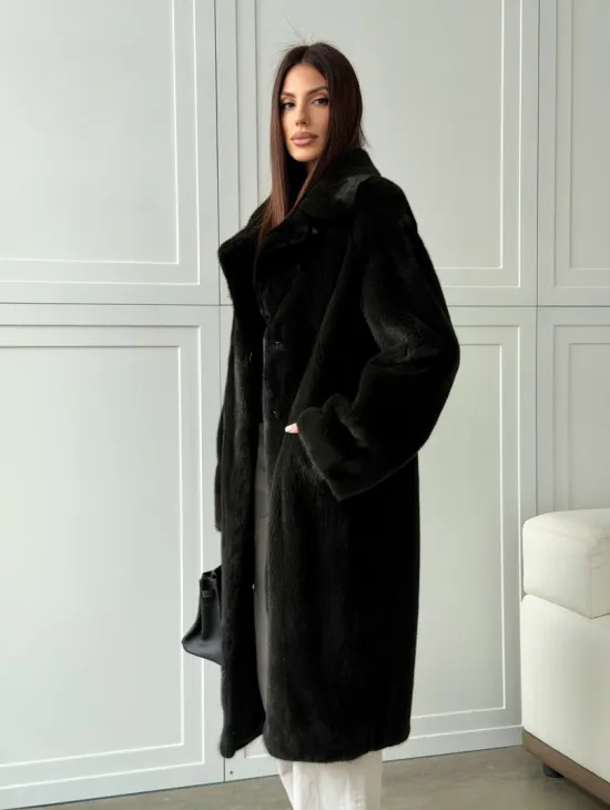 Темная норковая шуба в росшив - английский воротник 