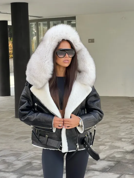 Дублёнка - косуха из натуральной кожи CROCO с капюшоном из финского песца - фото 2