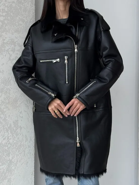 Удлиненная дубленка - авиатор из натуральной овчины с мехом тосканы - фото 1