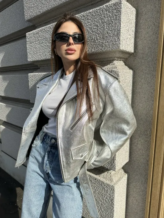 Куртка - косуха из натуральной кожи цвет серебристый - фото 0