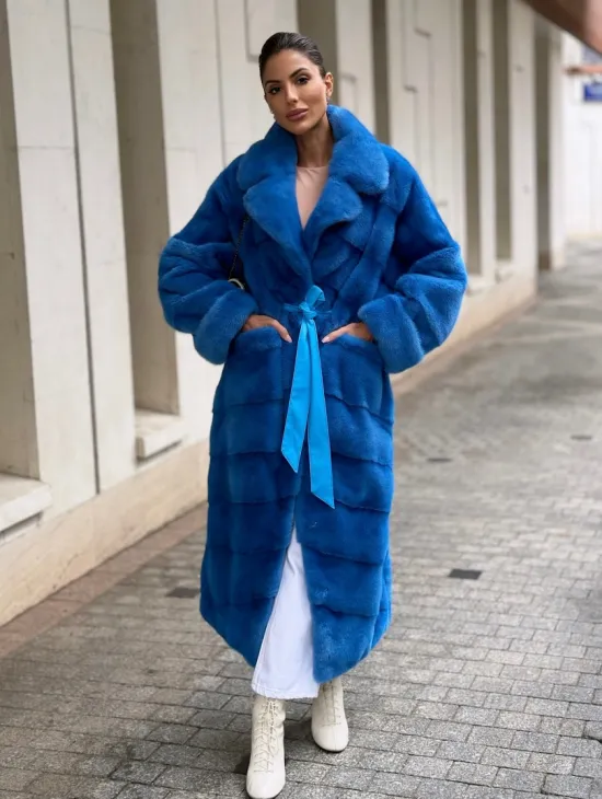 Шуба халат из меха норки - цвет электрик - фото 1