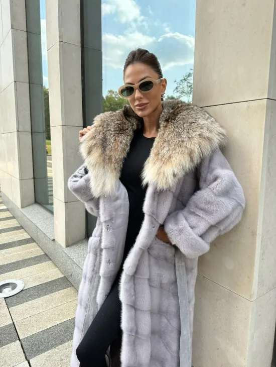 норковая шуба с капюшоном из меха рыси цвет серый сапфир - фото 2