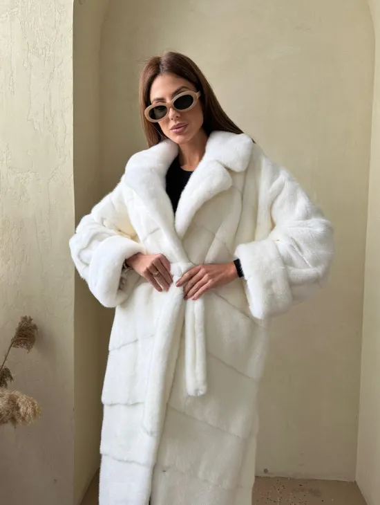 Норка NAFA люкс кимоно паркет английский воротник под пояс - цвет белый - фото 3