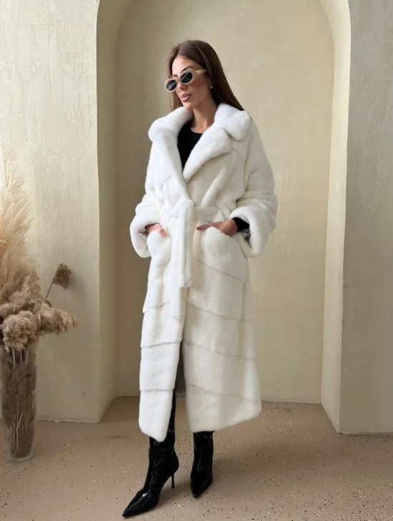Норка NAFA люкс кимоно паркет английский воротник под пояс - цвет белый - фото 6