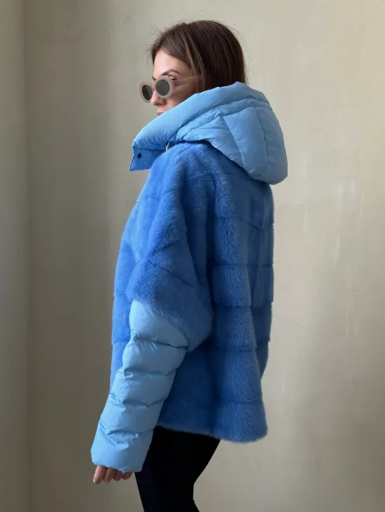 Норковый пуховик/жилет 2в1 - цвет голубой - фото 2