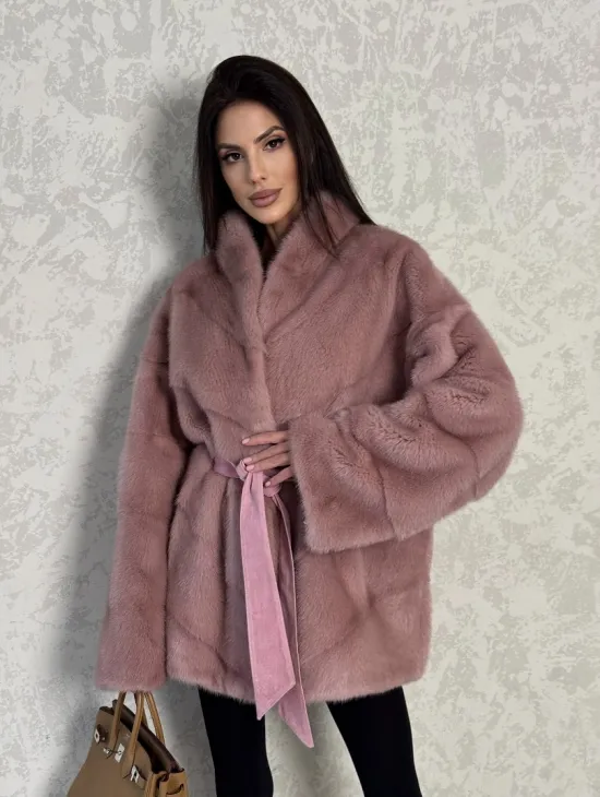 Кимоно норковое воротник отворот - цвет розовый жемчуг - фото 6